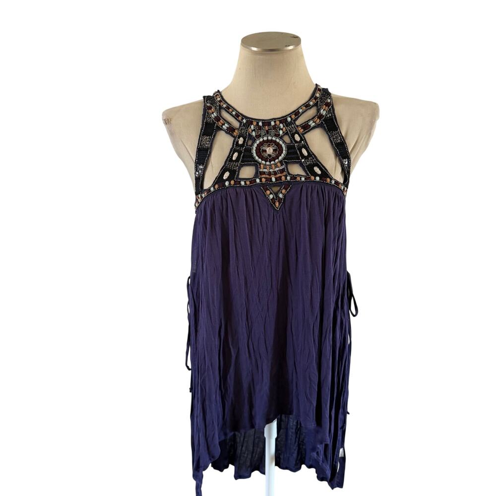 NWT Purple Embroidered Beaded Side Tie Tunic Sz S Boho Artsy Art to Wear 2010s